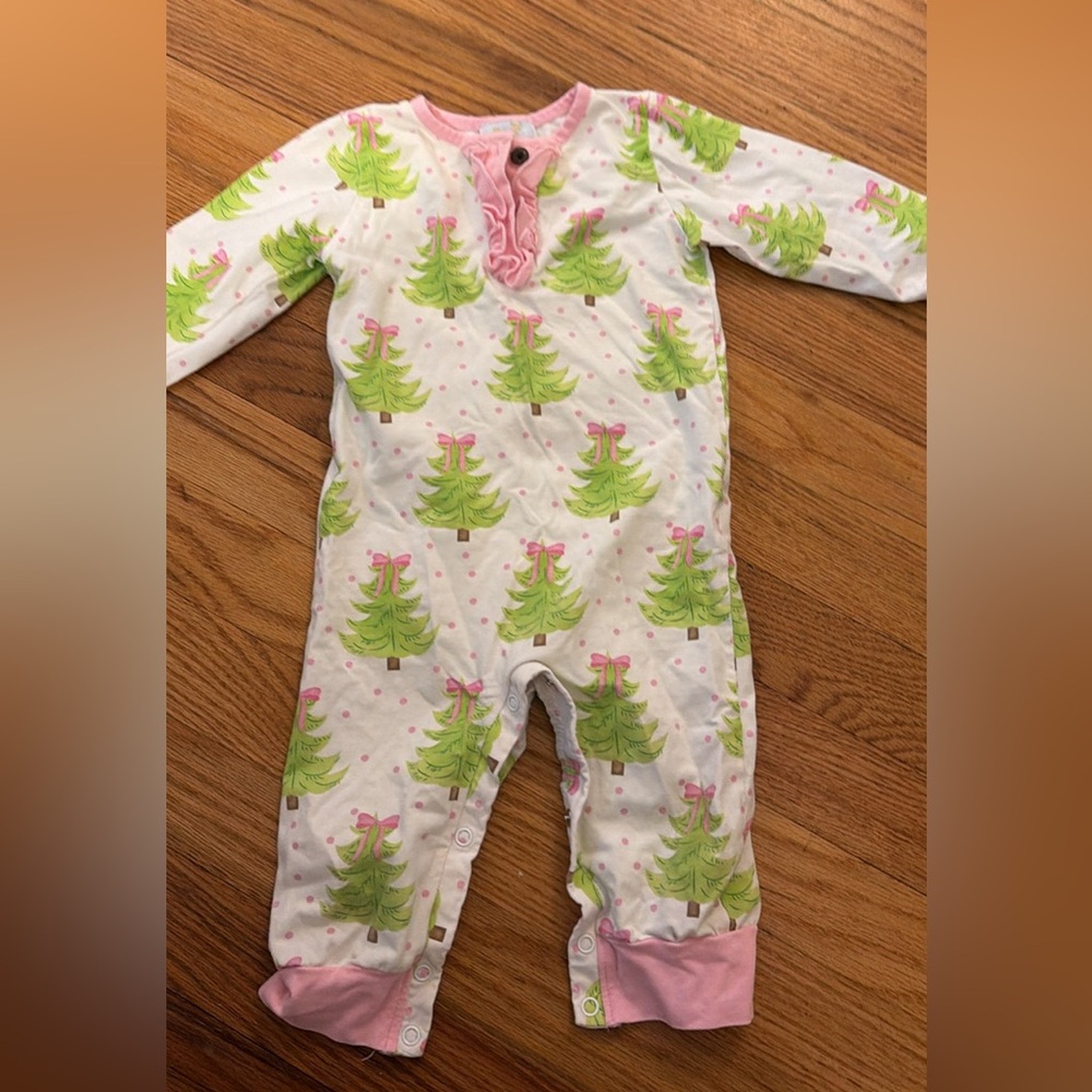 Busy Bee Smocks Pink Trim White Baby One-Piece with Green Tree Print